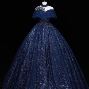 Blue Tulle Sequins Long Ball Gown, Elegant A-Line Formal Gown