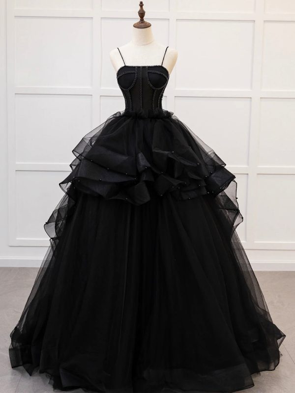 Black Spaghetti Strap Tulle Long Prom Dress with Beaded, A-Line Tulle Layers Formal Gown