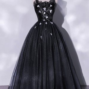 Black Tulle Long A-Line Evening Gown, Black Spaghetti Strap Evening Gown