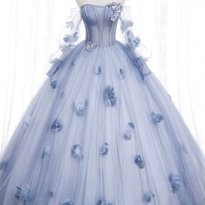 Blue Tulle Long Sleeve Prom Dress, A-Line Off the Shoulder Evening Gown