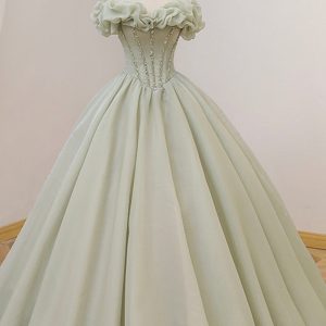 Green Ball Gown, A-Line Off the Shoulder Evening Gown with Beaded