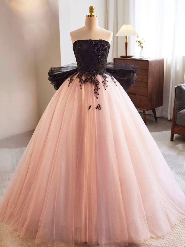 Black and Pink Tulle Lace Long Prom Dress, A-Line Strapless Evening Sweet 16 Dress