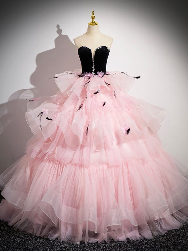 Pink Tulle and Black Velvet Strapless Party Gown, Pink Backless Ruffles Formal Evening Dress