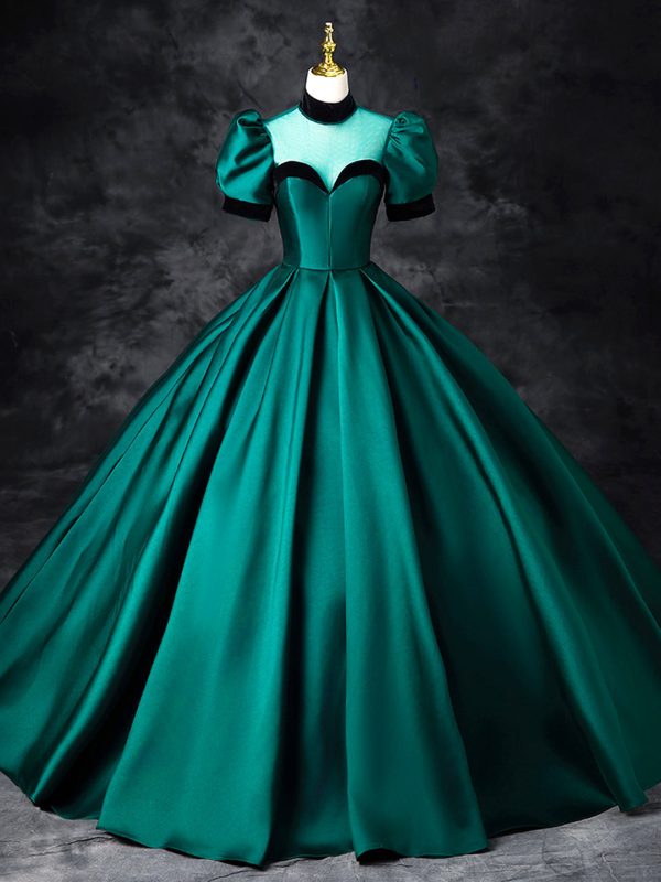 Green Satin Floor Length See-Through Ball Gown, Elegant High Neck Formal Evening Dress