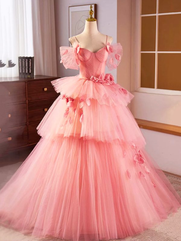 Pink Spaghetti Strap Tulle Long Prom Dress, Beautiful A-Line Sweet 16 Dress